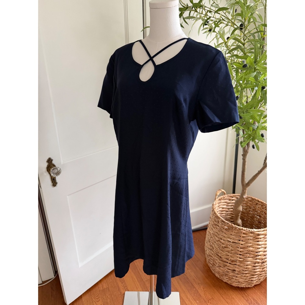 Liz Claiborne Petite Navy Blue Jacquard Polka Dot Keyhole Shift Dress 14P - Picture 9 of 10